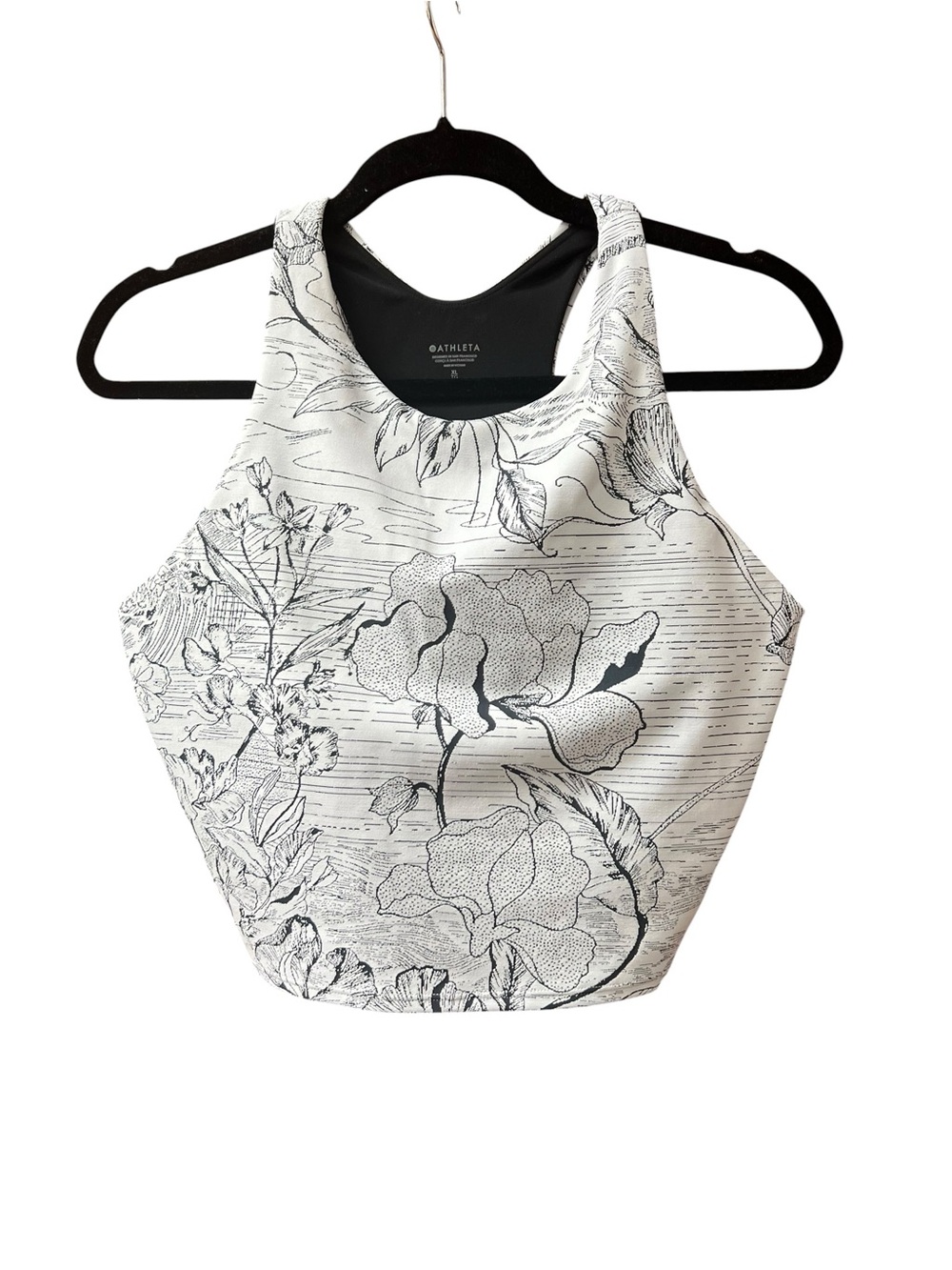 Athleta Gray and Black Floral High-Neck Crop Top XL Activewear Yoga Pilates